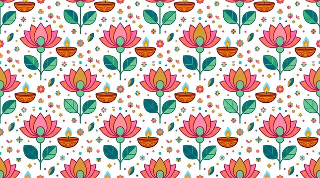 Colorful floral pattern featuring lotus and marigold motifs on light background for festive decor