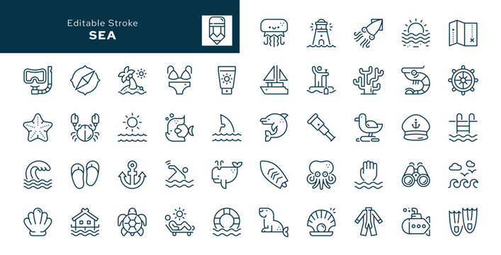 Sea outline icons set. Ocean, waves, starfish, shark, whale, turtle, boat, anchor, swim, beach, island, fish, crab, snorkeling and more. Line icon in linear style. Vector collection	