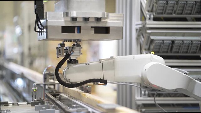 Robotic arm positioning pneumatic gripper over wooden beam on automated conveyor, showing precise pick and place inside factory workshop