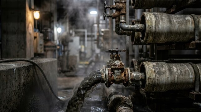Corroded membrane filtration modules and valves with turbulent sludge flow beneath dramatic industrial steam