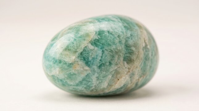 Close-up of a polished amazonite gemstone held in hand with natural light and neutral background