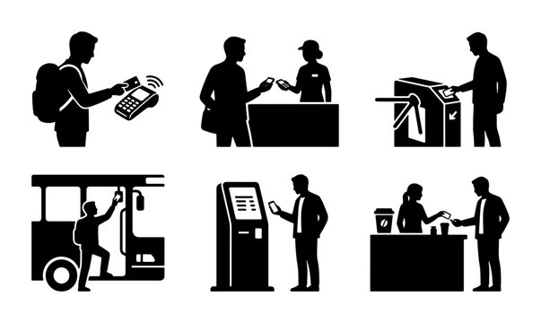 Black silhouettes of people using contactless payment and public