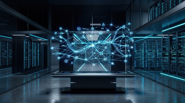 Data center engineer inspecting server rack infrastructure with holographic network visualization overlay