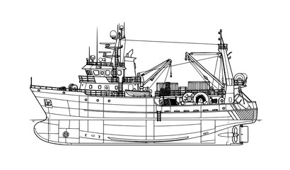 Modern Commercial Fishing Vessel Marine Industry Vector Illustration © Shaon