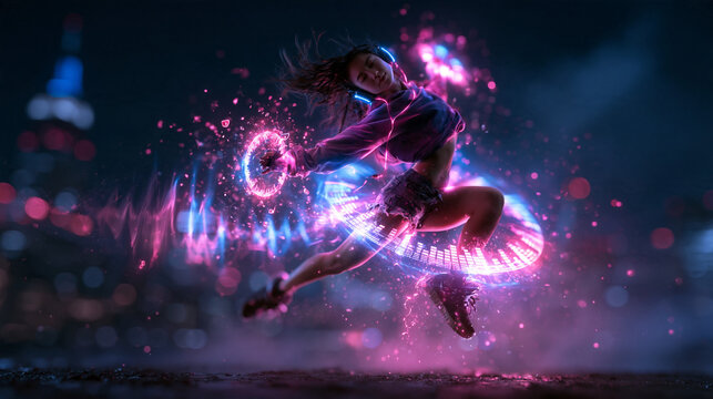 Dynamic Female Dancer Jumping with Neon Music Wave Effects