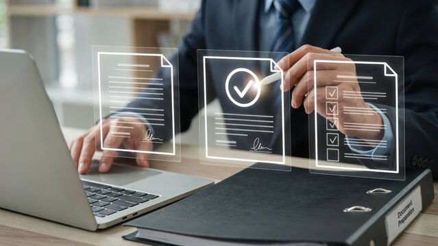 Digital document preparation interface with signature and checklist overlay view