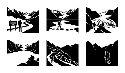 Fototapeta premium Black and white mountain landscape icons, graphic design elements