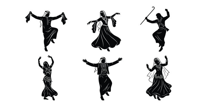 Silhouettes of traditional dancers and musicians against a white background