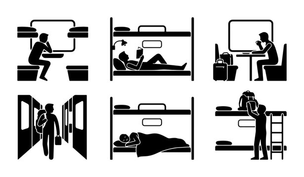 Black and white pictogram icons of people in a train bunk bed