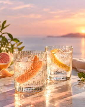 Three sparkling citrus drinks in ribbed glasses at sunset