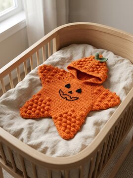 Knitted pumpkin star sleep sack inside a modern nursery wooden baby bed