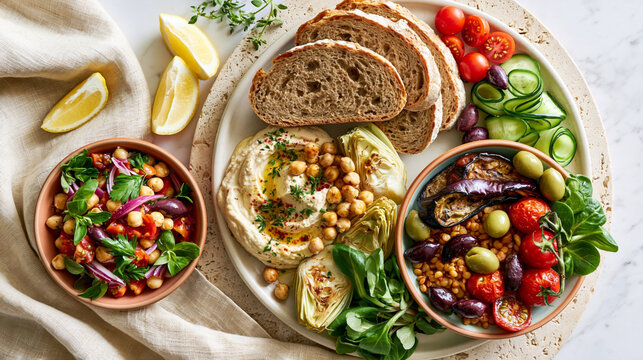 Mediterranean lunch spread with hummus, wholegrain bread, chickpea salad, lentils, roasted vegetables and olives, healthy fiber-rich vegan meal overhead.