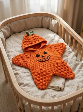 Cozy orange crochet pumpkin star blanket inside a wooden baby crib for Halloween
