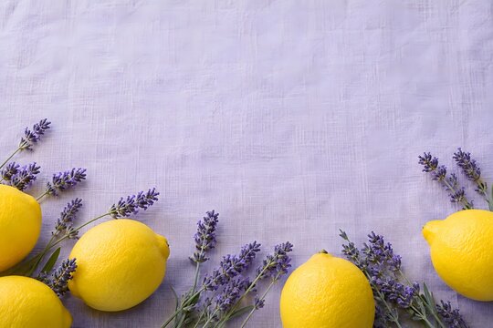 Fresh lemons and lavender sprigs on lilac linen