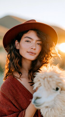 Fototapeta premium Woman in a rust-red woven poncho and hat stands beside a fluffy alpaca in golden Andes light, capturing warm cultural connection and highland tradition.