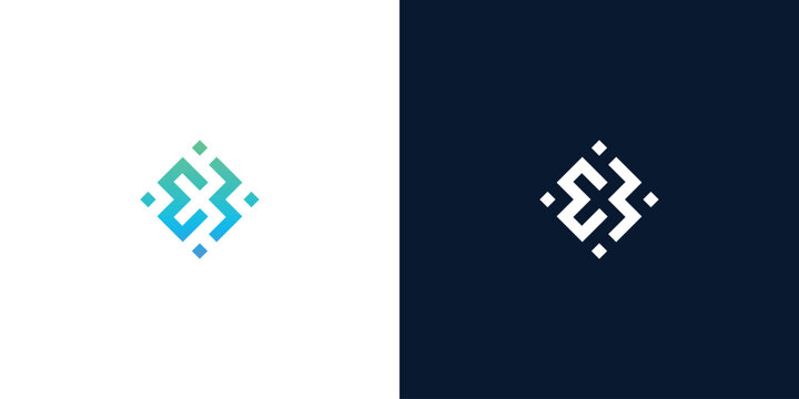 Modern abstract geometric logo design for technology company featuring a stylized square diamond icon on white and dark backgrounds