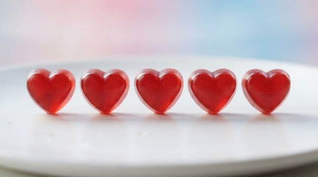 Five red heart shaped candies arranged in a row display