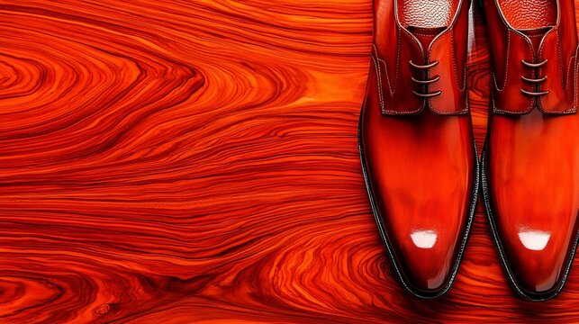 Red leather shoes on wood.