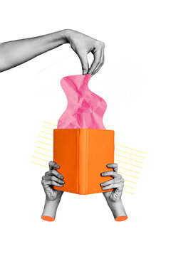 Vertical collage poster hands body fragments hold pick take reader book literature novel story bookstore library education study learner