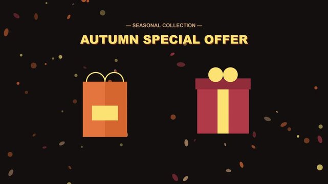 4K video animation for an autumn special offer featuring a stylized orange shopping bag and red gift box icons on a black background with falling seasonal leaf particles.
