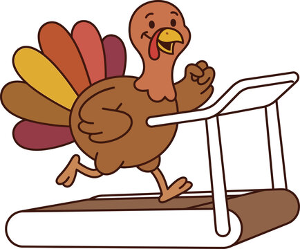 Cartoon turkey running on a treadmill for a healthy thanksgiving lifestyle