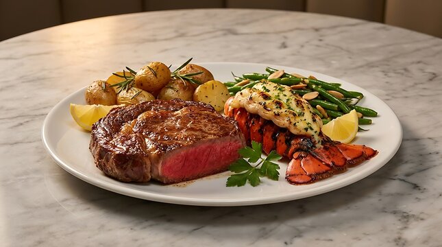 Grilled beef steak served with roasted potatoes and green beans on a round plate for a delicious gourmet dinner meal. lobster tail and steak