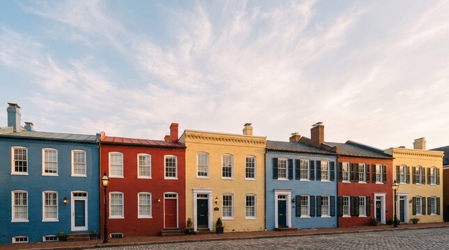 Colorful Historic Rowhouses Along Cobblestone Street