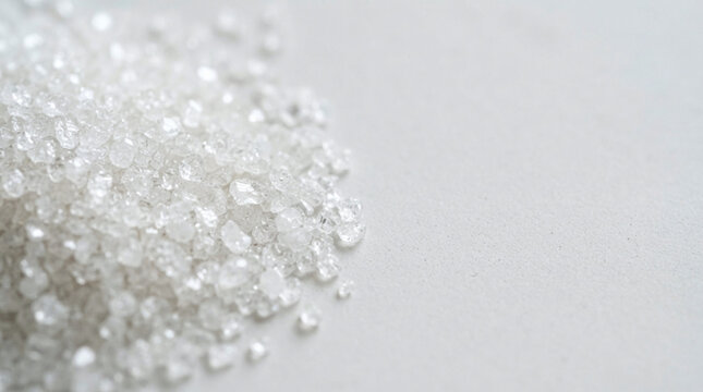 White granulated sugar crystals scattered on neutral background