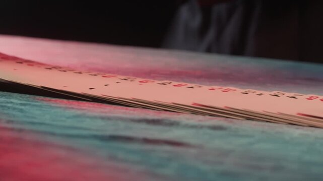 Magic trick, Professional croupier shuffling and dealing playing cards at a casino table, poker and blackjack game, magician performing a card trick shuffling cards deck