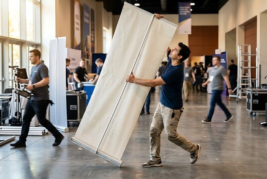 Man carrying a large white display panel during exhibition booth setup in a convention hall.