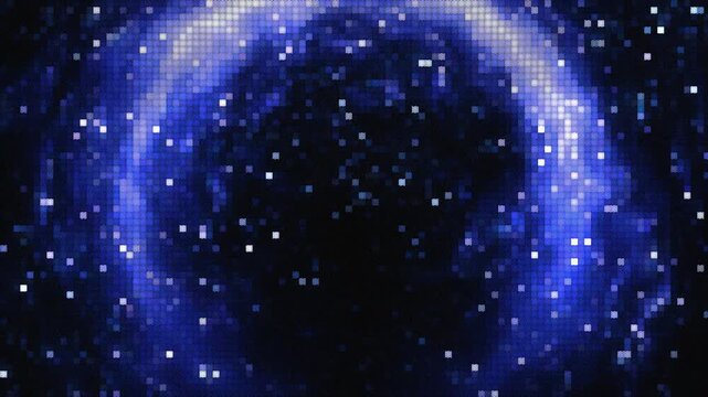 Futuristic digital animation featuring a glowing blue pixel mosaic portal with sparkling particle light effects.