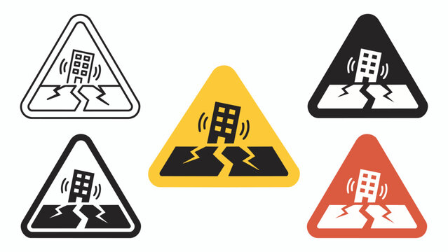 Set of earthquake warning signs with building shaking and ground cracking illustration earthquake disaster building emergency triangular