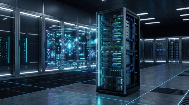 Data center server racks with neon lighting in high-tech infrastructure facility showcasing modern computing hardware