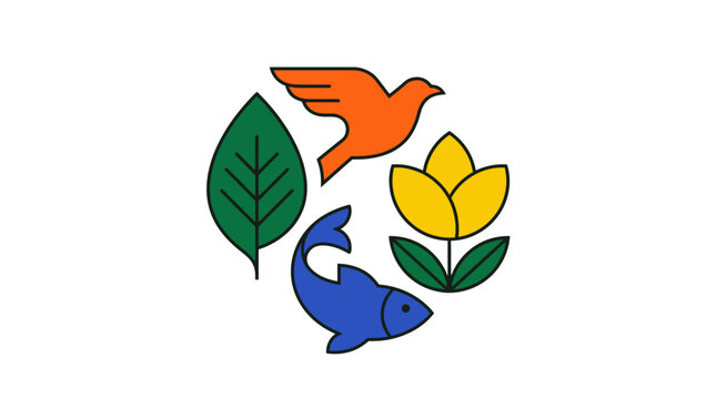 Circular Biodiversity Ecosystem with Leaf, Bird, Fish and Flower