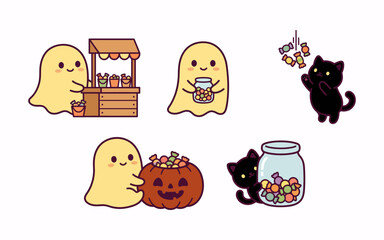 Fototapeta premium Set of cute halloween stickers featuring ghosts pumpkins a black cat a witch and potted plants