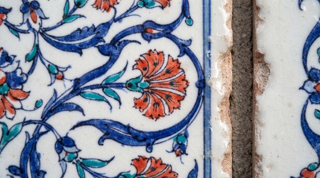Close up detail of Iznik ceramic tile featuring orange carnation floral pattern and blue tendrils with fine crackle texture