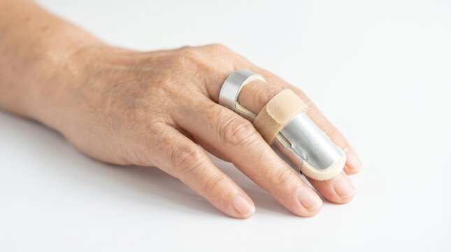 Close up of an elderly hand with a metal finger splint. Orthopedic support for finger injury or arthritis recovery