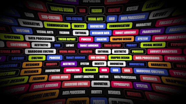 Seamlessly scrolling marquee text rows featuring bold graphic design terminology, rendered with a dynamic spherize fisheye lens distortion and vibrant brutalist color palette.