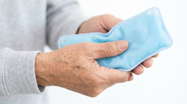 Close up of elderly hands holding a blue gel cold pack. Senior person using ice compress for arthritis pain relief. Geriatric healthcare and joint therapy