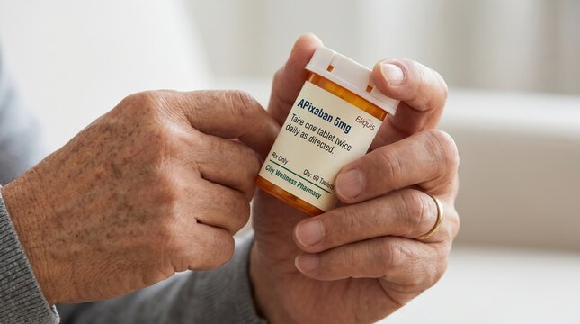 Close up of elderly hands holding a prescription pill bottle. Senior person holding blood thinner medication apixaban. Healthcare and medicine concept