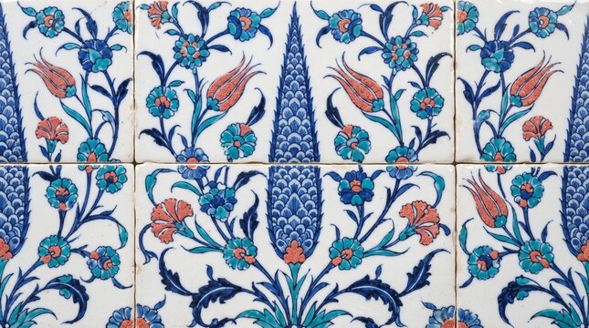 Generated with AI Iznik Ottoman style ceramic tile pattern with blue and red floral tulip motifs on a smooth white background.