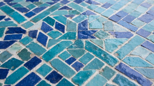 Moroccan zellige mosaic texture featuring handcrafted blue turquoise glazed ceramic tile geometric pattern.