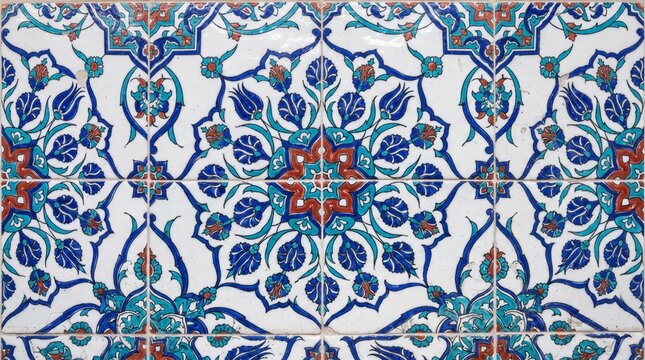 Generated with AI Symmetrical medallion mandala pattern on Iznik style ceramic tiles in cobalt blue and terracotta red.