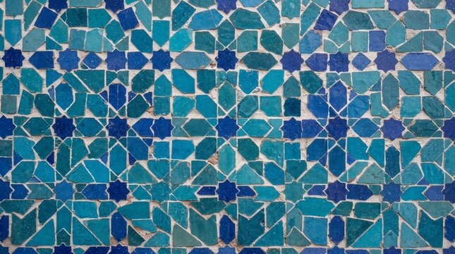 Moroccan zellige mosaic wall pattern with star geometric blue glazed tiles handcrafted traditional design.