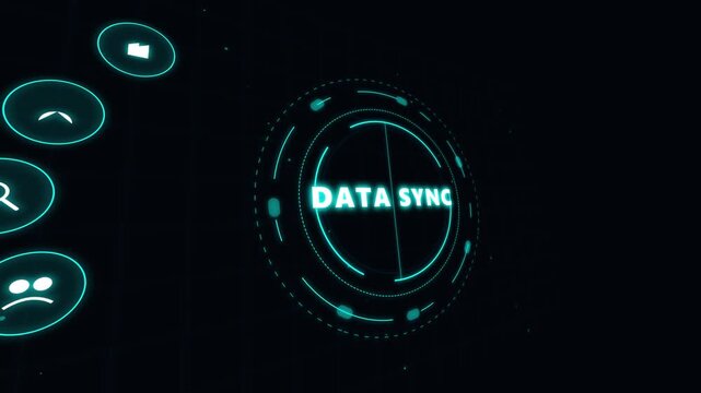 Data sync motion graphics background with rotating HUD interface