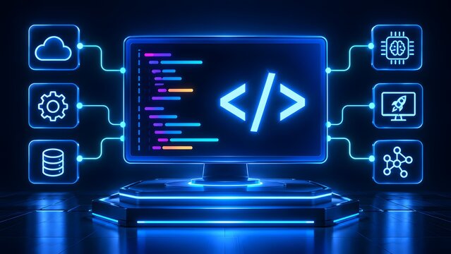 Glowing blue digital computer monitor displaying programming code surrounded by cloud computing artificial intelligence and network technology icons representing software development