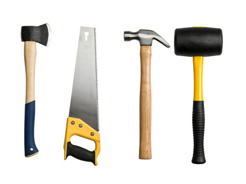 Set of four essential hand tools including axe hammer saw and mallet transparent background