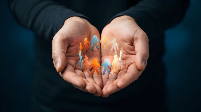 A close up view of cupped human hands holding a glowing abstract representation of the human brain with colorful neural pathways and cognitive network connections