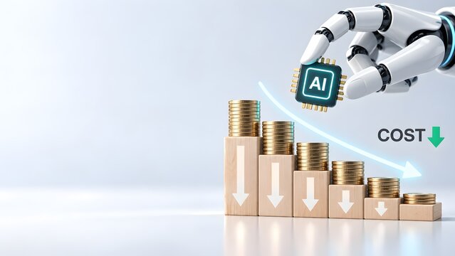 Robotic hand holding a smart microchip over a decreasing gold coin graph and downward arrow representing cost reduction and financial efficiency through automation