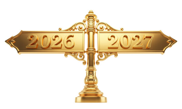 An ornate golden signpost featuring the years 2026 and 2027, perfect for business planning, financial forecasting, and New Year corporate strategy concepts